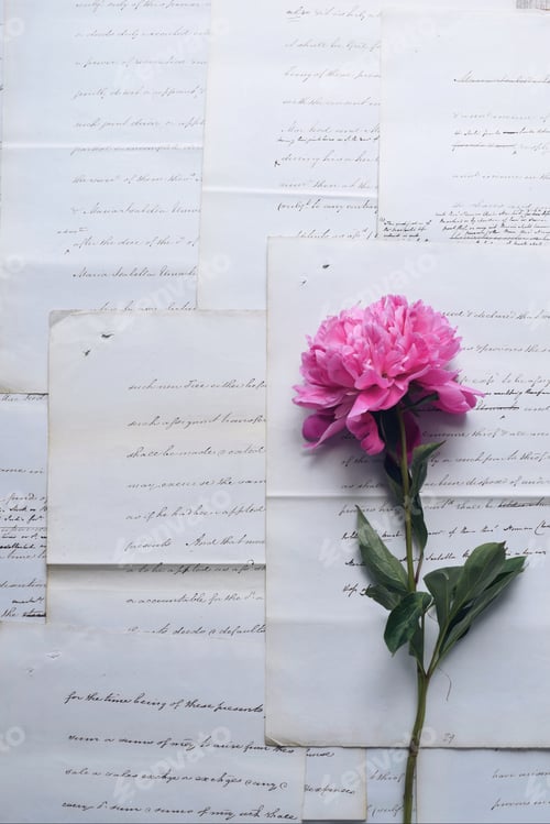 Preview: A single pink peony flower on top a layer of old antique handwritten letters