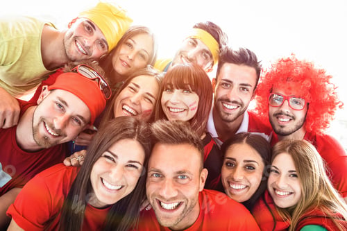 Preview: Happy sport friends taking selfie at world soccer event