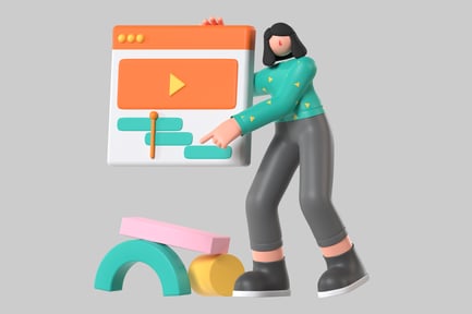 Preview: Woman in teal shirt and gray pants stands next to a stylized web browser.