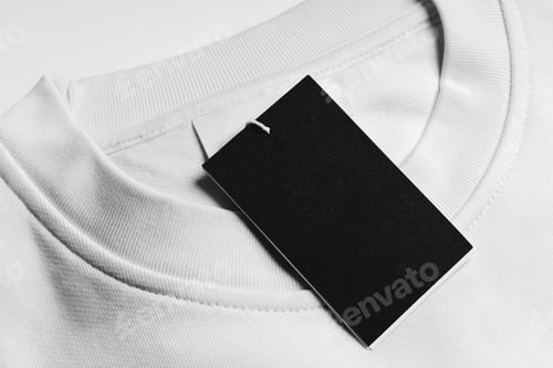 Preview: Close-up of a blank tag on white clothing. Resource for mockup design.
