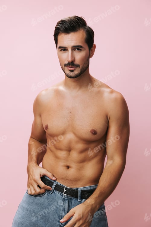 Preview: Man muscle background sport sexy muscular torso belt pink lifestyle body naked fitness jeans