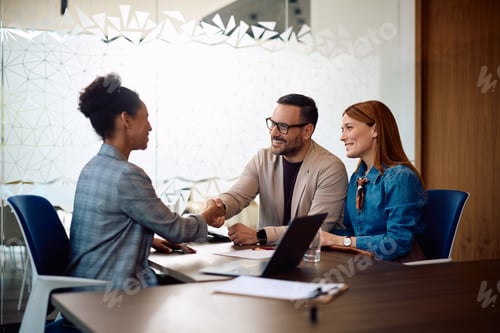 Preview: Black financial advisor handshaking with her clients on meeting in office.