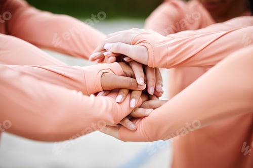 Preview: Teamwork, hands together and collaboration for sports, team building or motivation. Solidarity, uni