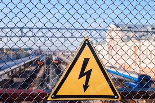 Preview: Electrical hazard sign. High voltage electricity on a railway station