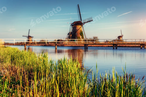Preview: Traditional Dutch windmills from the channel Rotterdam. Holland.