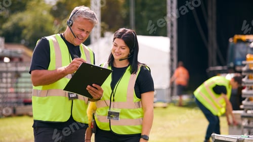 Preview: Male And Female Production Team With Headsets Setting Up Outdoor Stage For Music Festival Or Concert