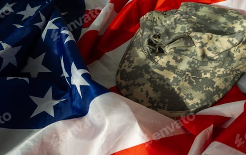 Preview: US Army helmet and dog tag on US flag background