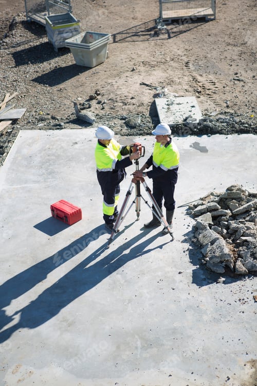 Preview: High angle view of site manager and surveyor on construction site