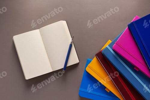Preview: Open notepad and notebook heap on paper table background. Back to school concept idea