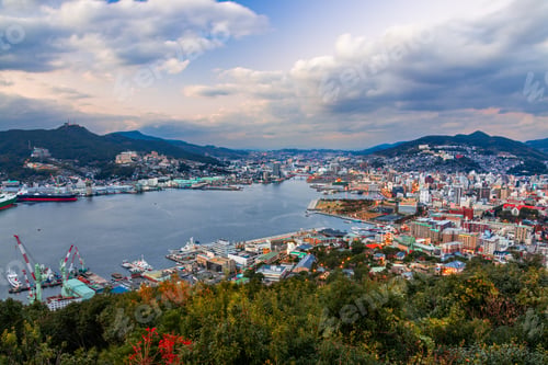 Preview: Nagasaki, Kyushu, Japan City Skyline over the Bay