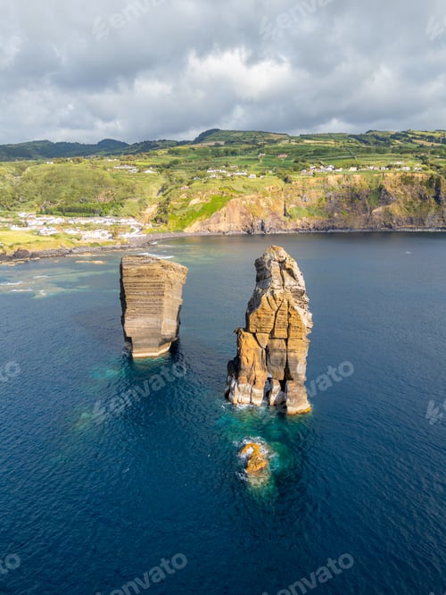 Preview: Sea Stacks near Mosteiros Beach and Atlantic Ocean. Azores, Sao Miguel Island. Portugal. Aerial View