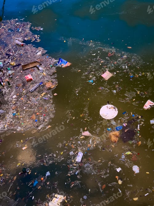 Preview: Plastic garbage is swimming on rhe water surface. Garbage at dirty Water