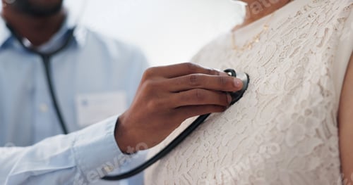 Preview: Hand, chest and stethoscope, doctor and patient for healthcare, cardiology and listening to heart a