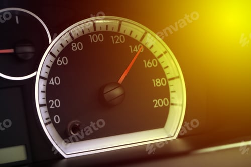 Preview: Speedometer on car dashboard under yellow light, closeup