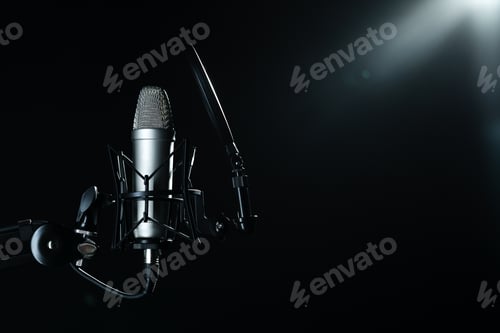 Preview: Professional microphone against black background in studio