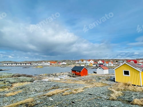 Preview: A view of red wooden houses on Vrango Archipelago island .