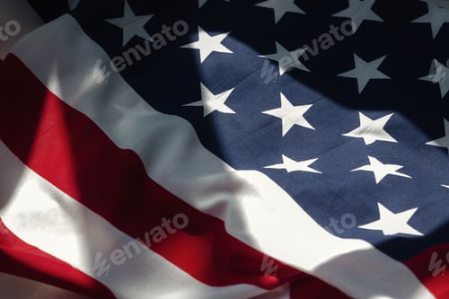Preview: Flat lay of american flag background banner in shadow with copy text space, full frame