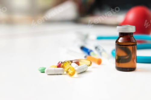Preview: Medicine, syringe, injection and stethoscope on a white wooden table.