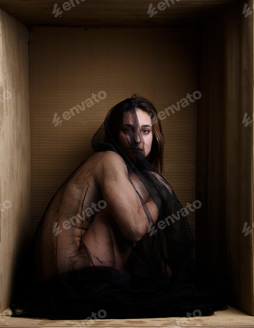Preview: Sensual model under veil sitting in box