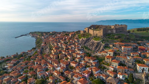 Preview: Traditional Greece. Lesvos island, view of town Molyvos (Mithymna) with old castle above