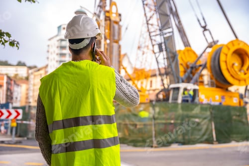 Preview: Technician engineer observing the team of workers at the construction site in the city