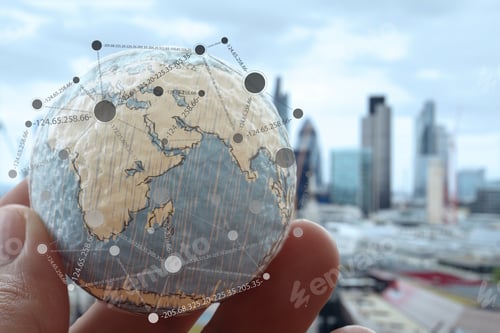 Preview: Close Up Of Businessman Hand Showing Texture The World With Digital Social Media Network Diagram
