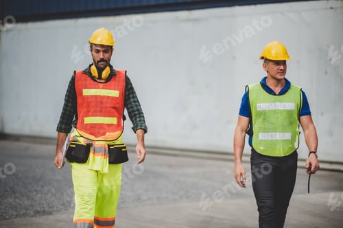 Preview: logistic worker teamwork and partner of foreman, engineer, and businessman working on container yard