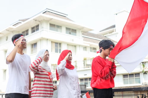 Preview: Group Celebrating with Flags Outdoors on Cloudy Day