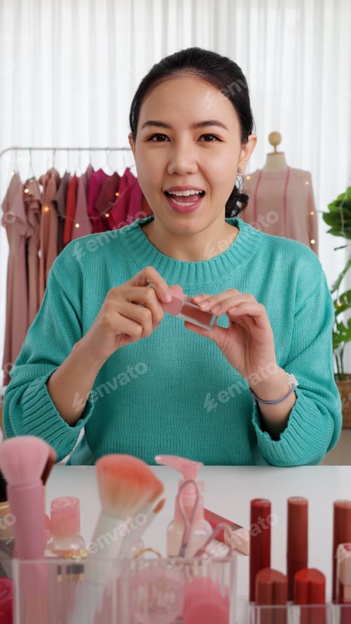 Preview: Asia woman micro influencer record live viral video camera at home studio.