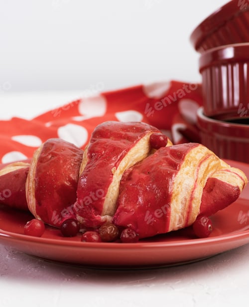 Preview: Baked croissant with cherry glaze on a red ceramic plate, white table