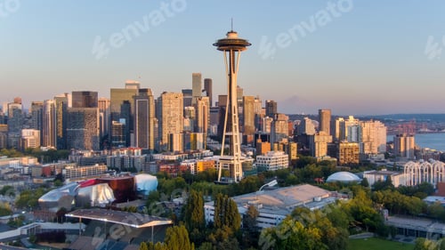 Preview: Aerial view of Seattle, Washington at dusk