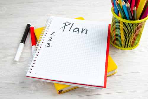 Preview: front view open notepad with plan list writing on white background drawing regime job business work