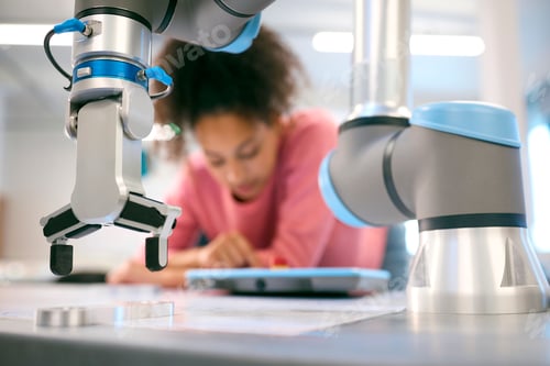 Preview: Female College Or University Engineering Student In Robotics Class Working On Robotic Arm