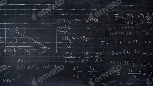 Preview: Maths formulas written by white chalk on the blackboard background.