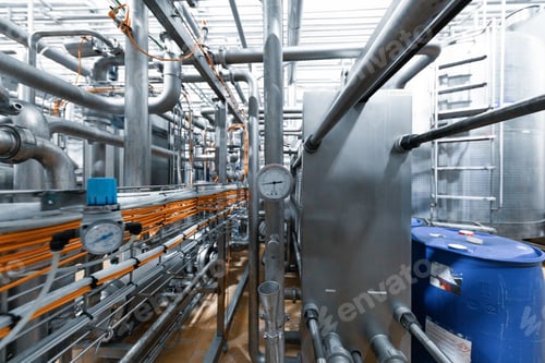 Preview: Chrome-plated pipes, pressure sensors, wires and devices. Industrial background