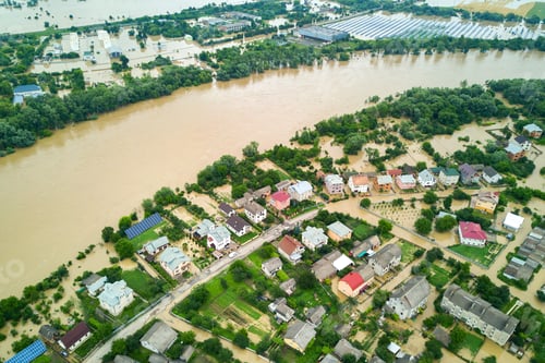 Preview: Aerial view of Dnister river with dirty water and flooded houses in Halych town, western Ukraine.