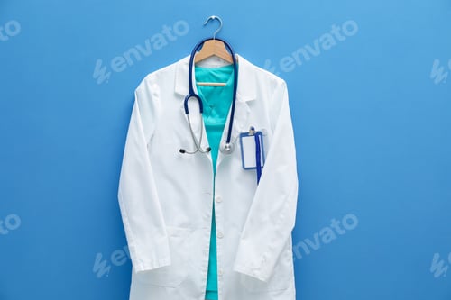Preview: Medical Doctor's Coat Hanging with Stethoscope on Hanger