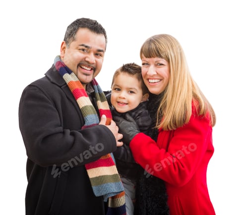 Preview: Happy Attractive Young Mixed Race Family Dressed in Winter Clothing Isolated on White.