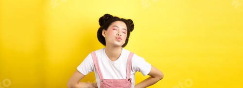 Preview: Romantic korean girl close eyes and pucker lips, waiting for sweet kiss on Valentines day, kissing