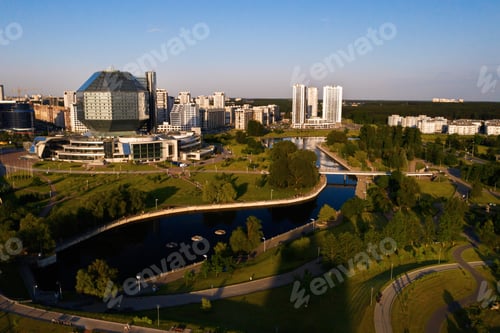 Preview: Top view of the National library and a new neighborhood with a Park in Minsk.Belarus, public