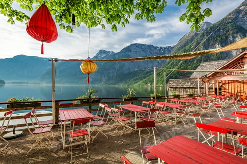 Preview: Small restaurant by a lake in Hallstatt, Alps, Austria, Europe