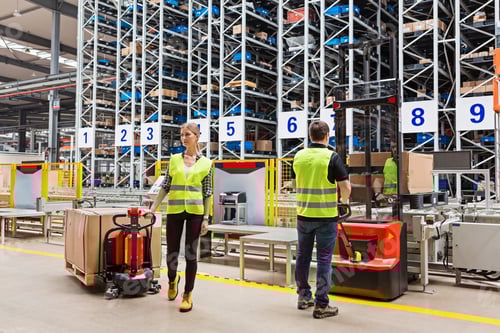 Preview: Storehouse employees in uniform standing near pallet truck and forklift in modern automatic