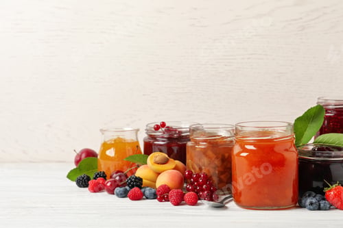 Preview: Jars with different jams and fresh fruits on white wooden table. Space for text