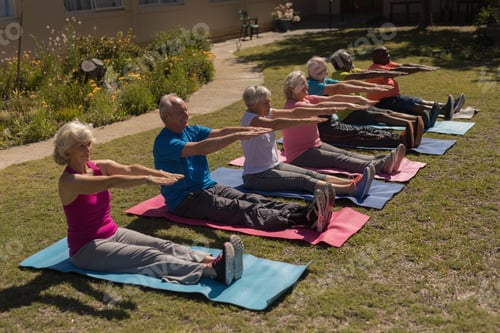 Preview: Side view of group of active senior people exercising aligned on yoga mat in the park