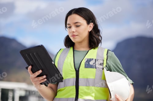 Preview: Thinking, engineering and woman with a tablet, outdoor and planning with renewable energy, safety a