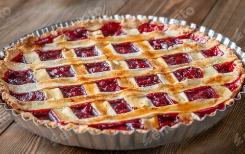 Preview: Freshly baked lattice-top cherry pie resting beautifully on rustic wooden surface