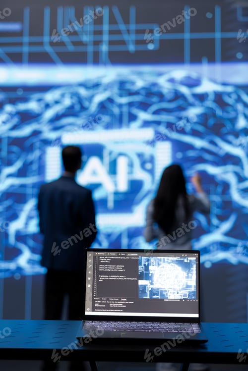 Preview: Focus on complex AI brain models being analyzed on laptop by developers