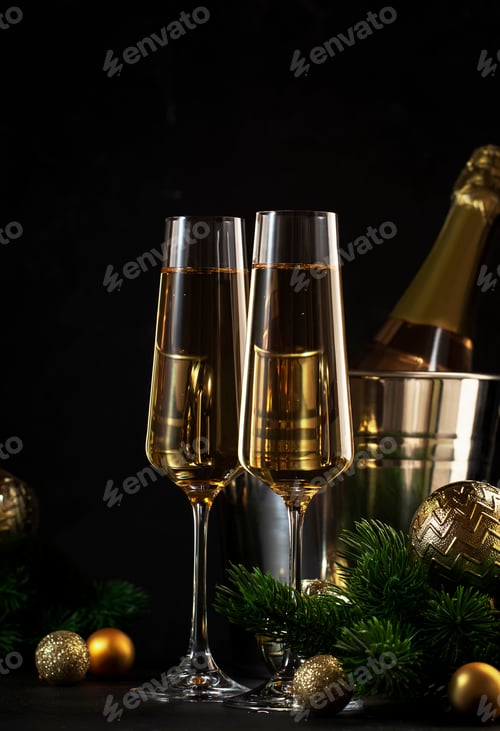 Preview: Two champagne glasses and golden christmas decoration on black background