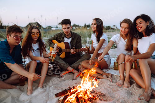 Preview: Group of young friends sitting on beach and fry sausages. One man is playing guitar. Camping time.
