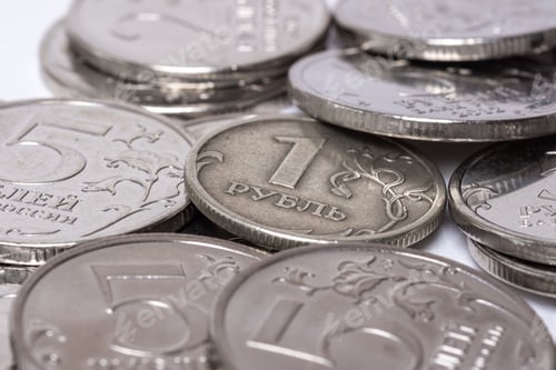 Preview: Russian rubles in denominations of 1 ruble, 2 rubles, 5 rubles. The ruble is the national currency